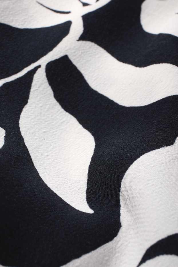 Femmes - Pantalon en toile - mid waist - wide leg - motif - texturé - bleu foncé / blanc crème