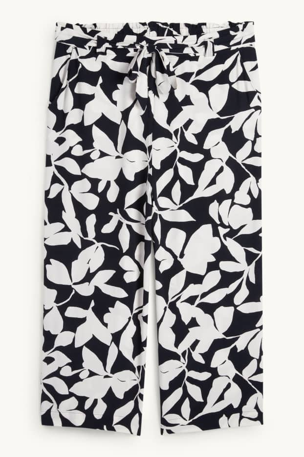 Femmes - Pantalon en toile - mid waist - wide leg - motif - texturé - bleu foncé / blanc crème