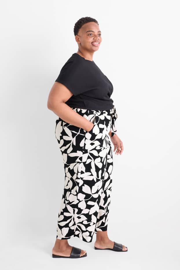 Femmes - Pantalon en toile - mid waist - wide leg - motif - texturé - bleu foncé / blanc crème