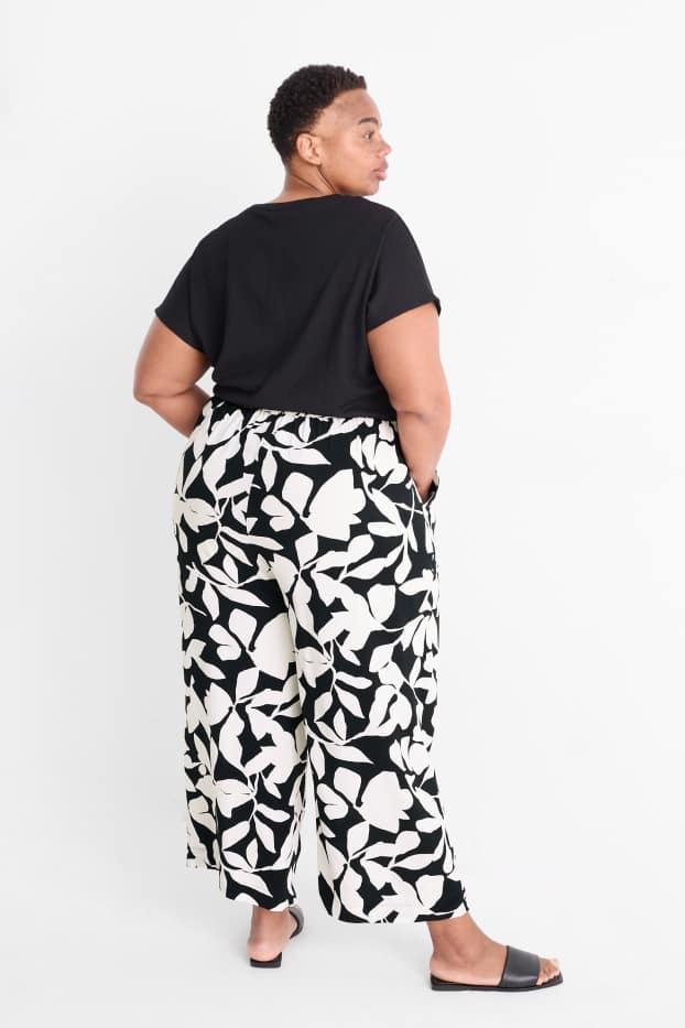 Femmes - Pantalon en toile - mid waist - wide leg - motif - texturé - bleu foncé / blanc crème