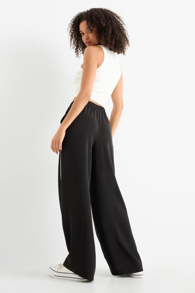 Dámské - Plátěné kalhoty - mid waist - wide leg - černá