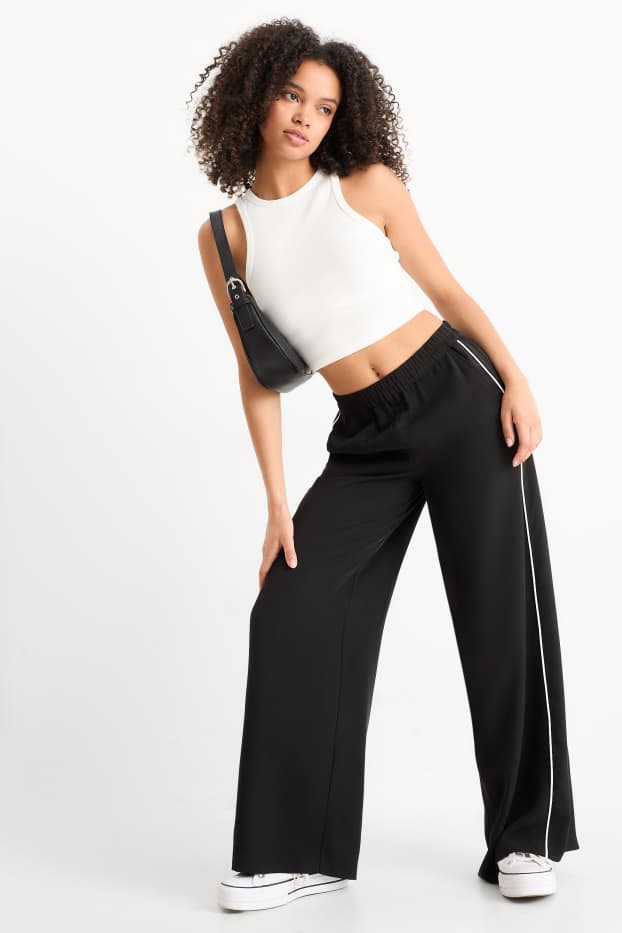 Dámské - Plátěné kalhoty - mid waist - wide leg - černá