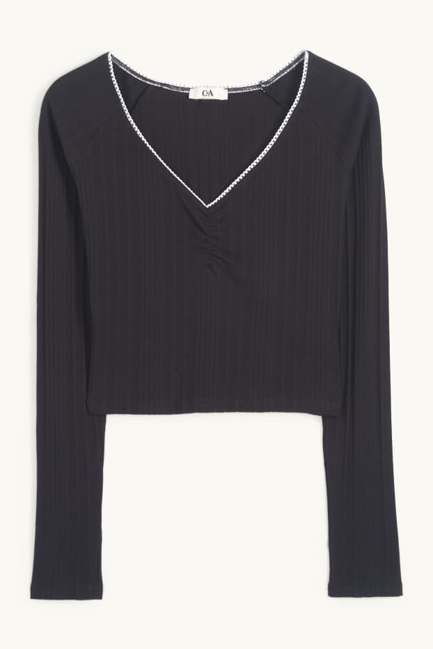 Dona - Samarreta crop de màniga llarga - de canalé - negre