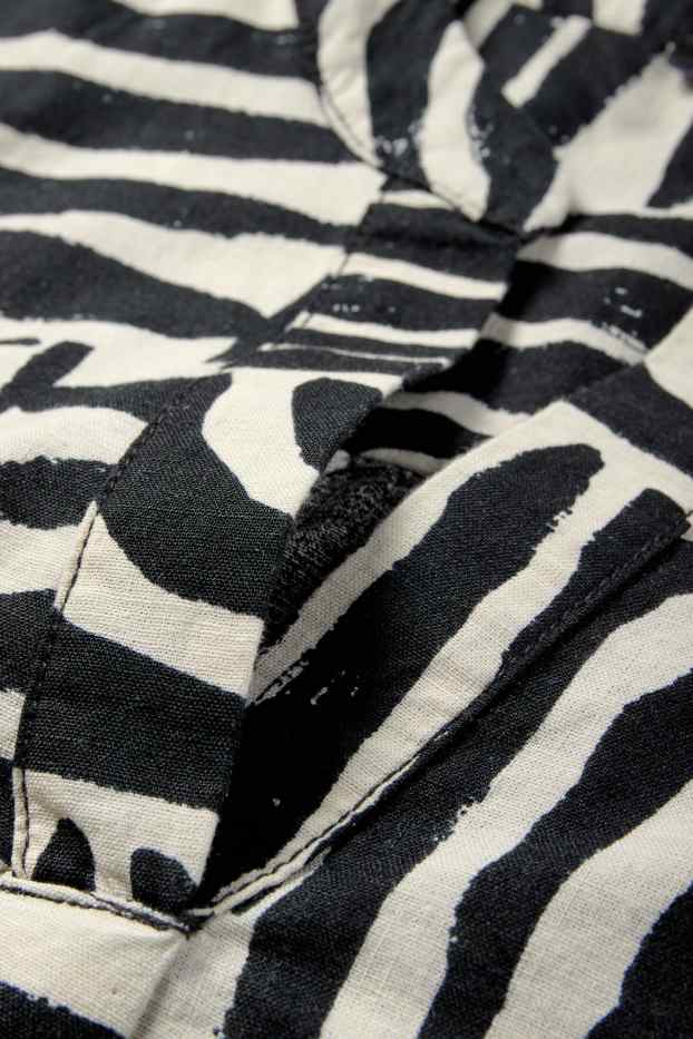Women - V-neck kaftan - linen blend - patterned - black / beige
