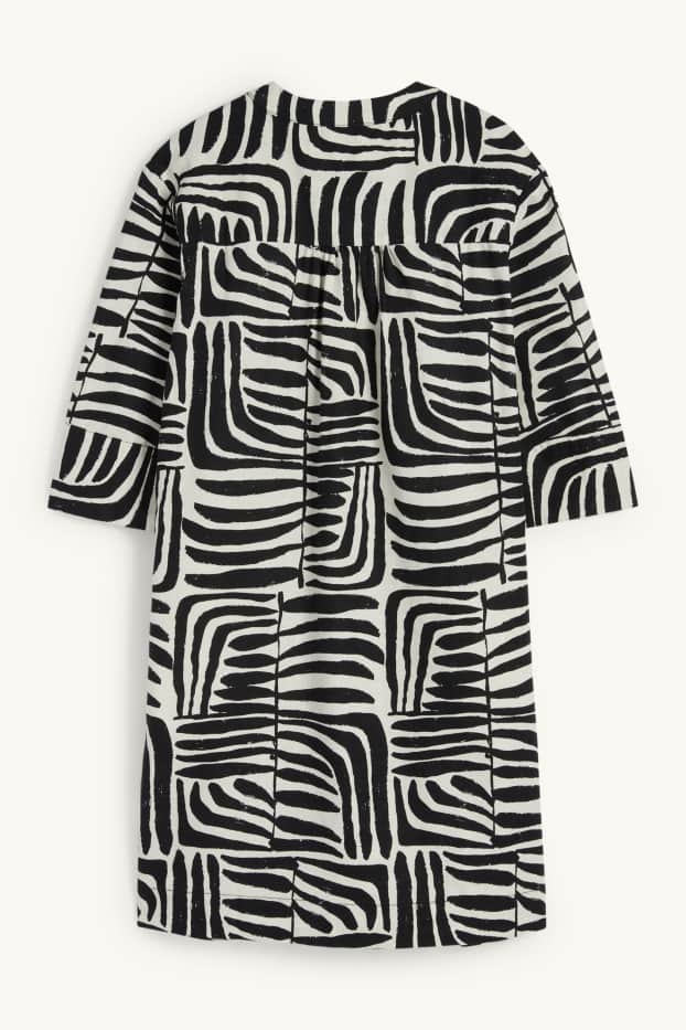 Women - V-neck kaftan - linen blend - patterned - black / beige