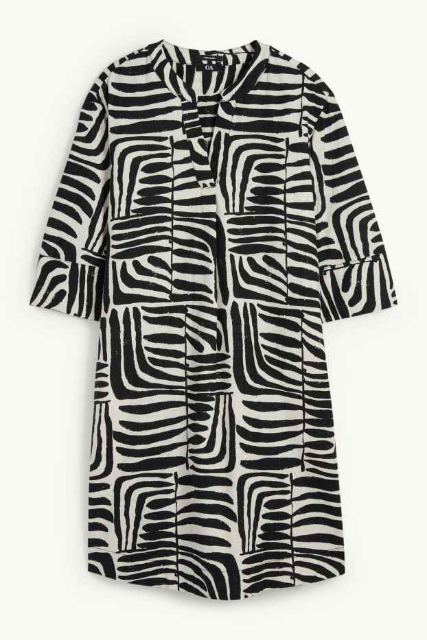 Women - V-neck kaftan - linen blend - patterned - black / beige