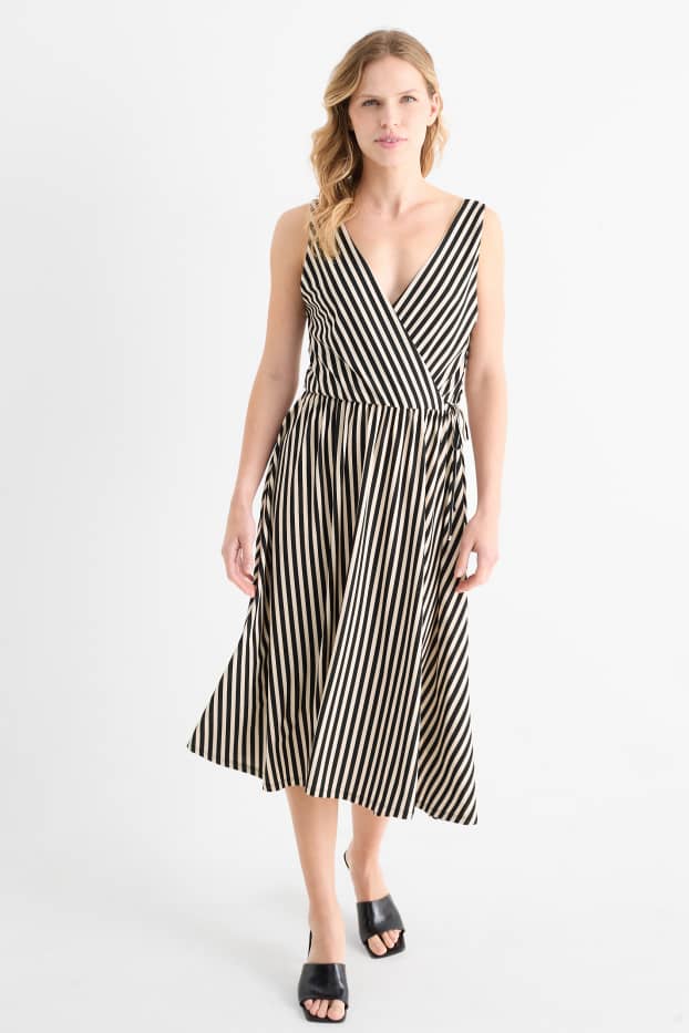 Women - Wrap dress - striped - black / beige