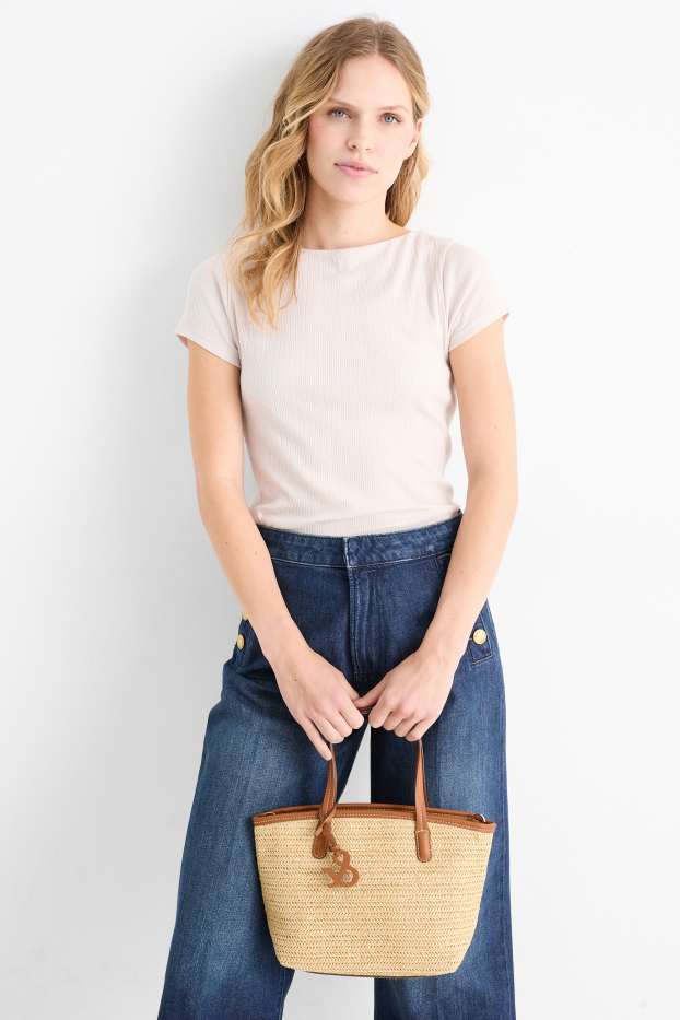 Femmes - Petit cabas en paille à bandoulière amovible - beige