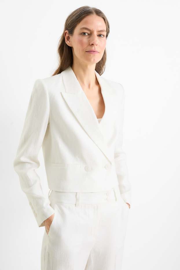 Damen - Crop Leinen-Blazer - Regular Fit - cremeweiß