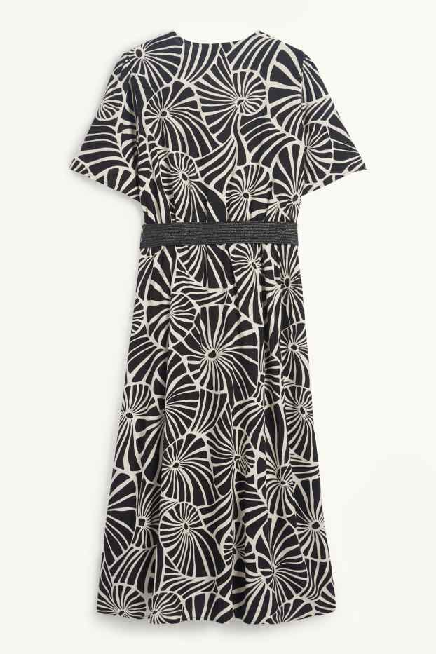Dames - Viscose jurk met V-hals en riem - met patroon - zwart / beige