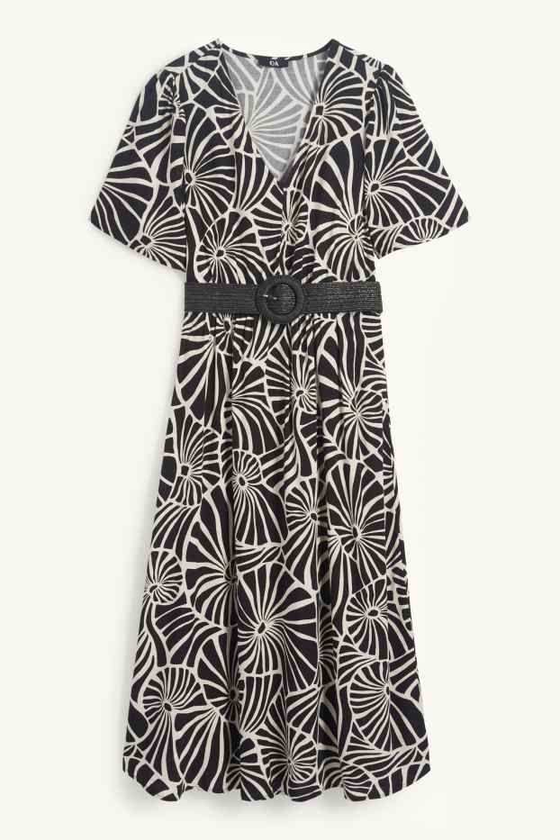 Dames - Viscose jurk met V-hals en riem - met patroon - zwart / beige