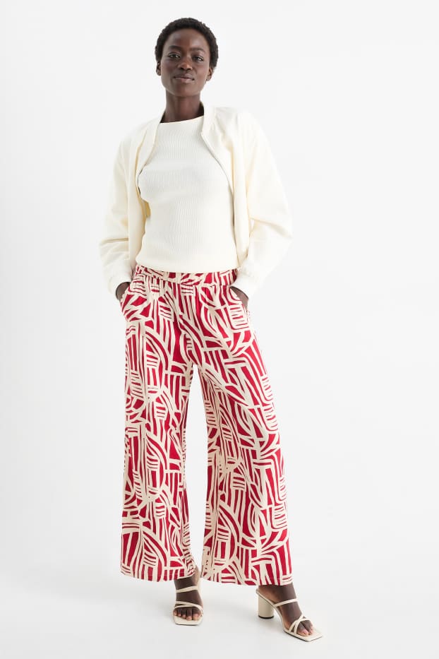 Femmes - Pantalon en toile - high waist - wide leg - à motif - rouge / beige