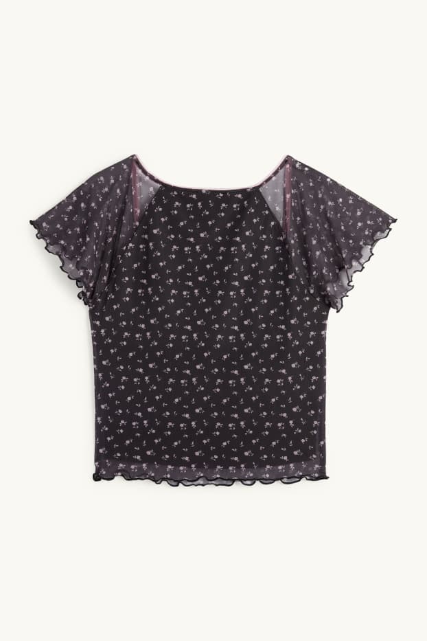 Femei - Tricou crop - cu flori - albastru închis