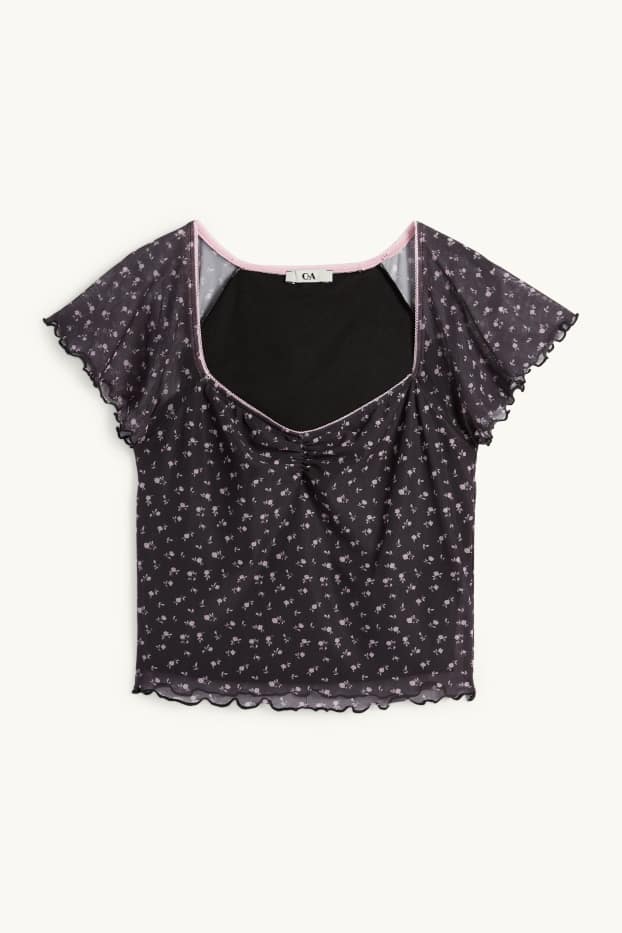 Femei - Tricou crop - cu flori - albastru închis