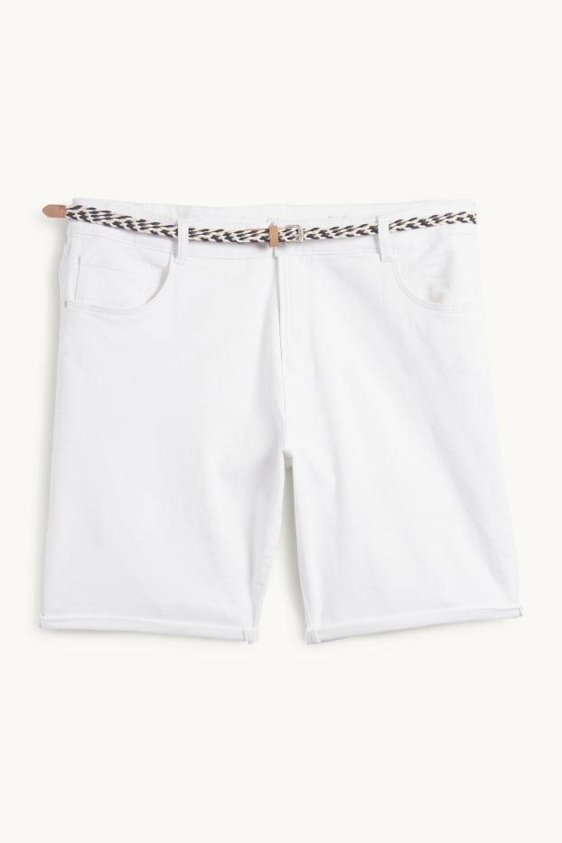 Dámské - Džínové šortky s páskem - mid waist - bílá