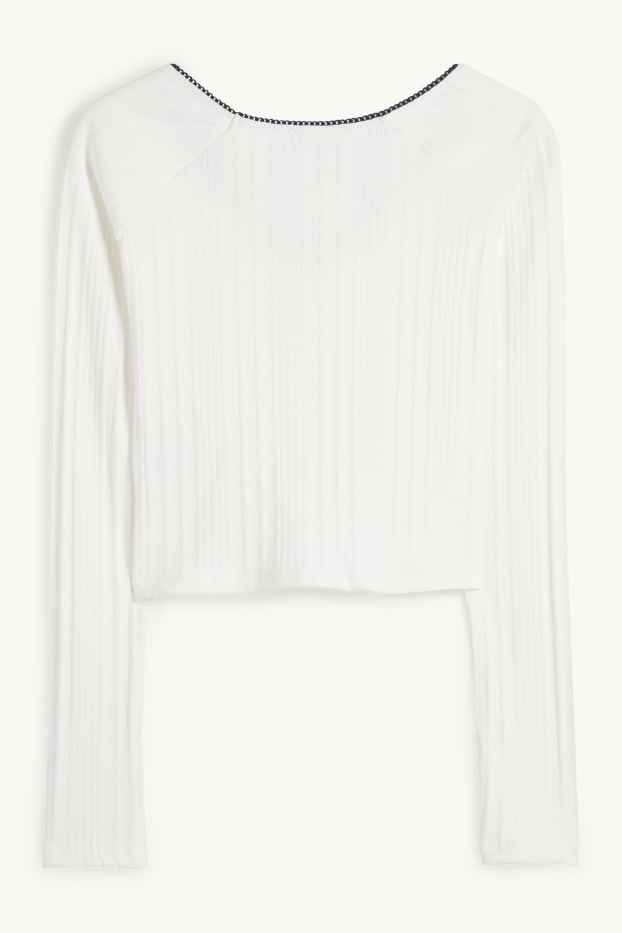 Femei - Tricou crop cu mânecă lungă - reiat - alb