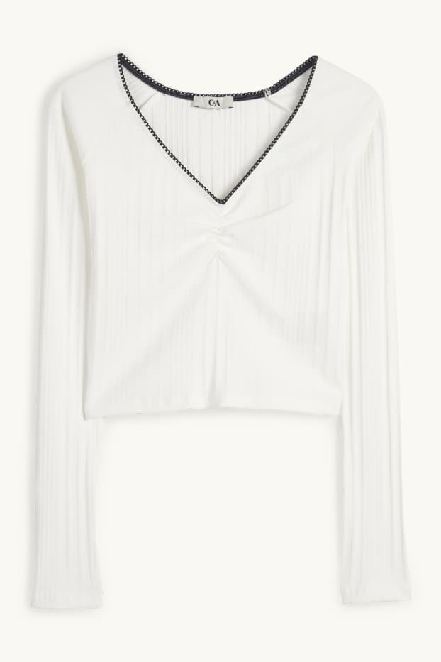 Femei - Tricou crop cu mânecă lungă - reiat - alb
