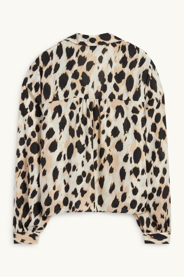Dames - Blouse met V-hals - luipaardprint - zwart / beige