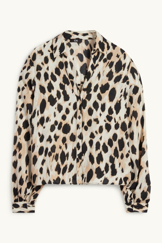 Dames - Blouse met V-hals - luipaardprint - zwart / beige