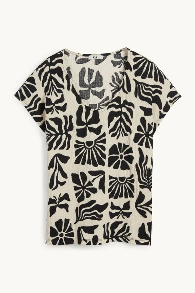 Mujer - Camiseta con escote en pico - regular fit - de flores - negro / beis