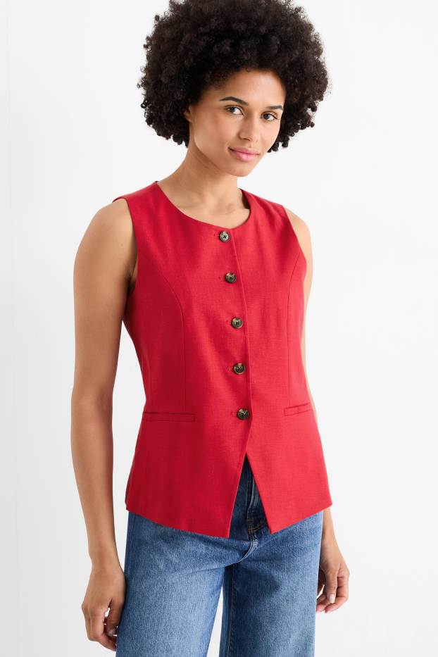 Women - Waistcoat - tailored fit - linen blend - dark red