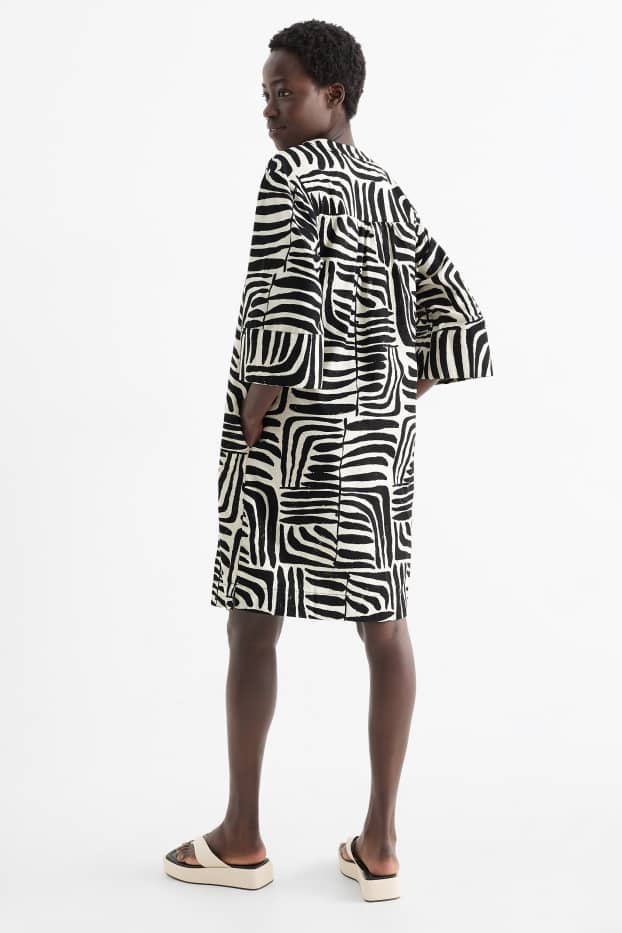 Women - V-neck kaftan - linen blend - patterned - black / beige