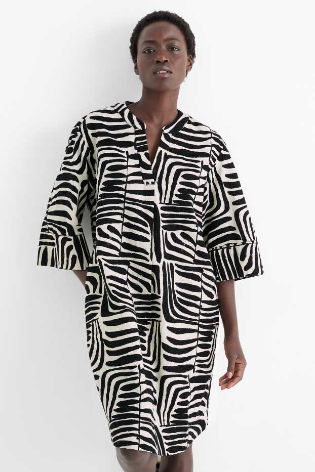 Women - V-neck kaftan - linen blend - patterned - black / beige