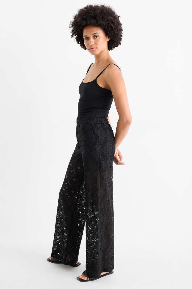 Femmes - Pantalon en dentelles - high waist - wide leg - noir