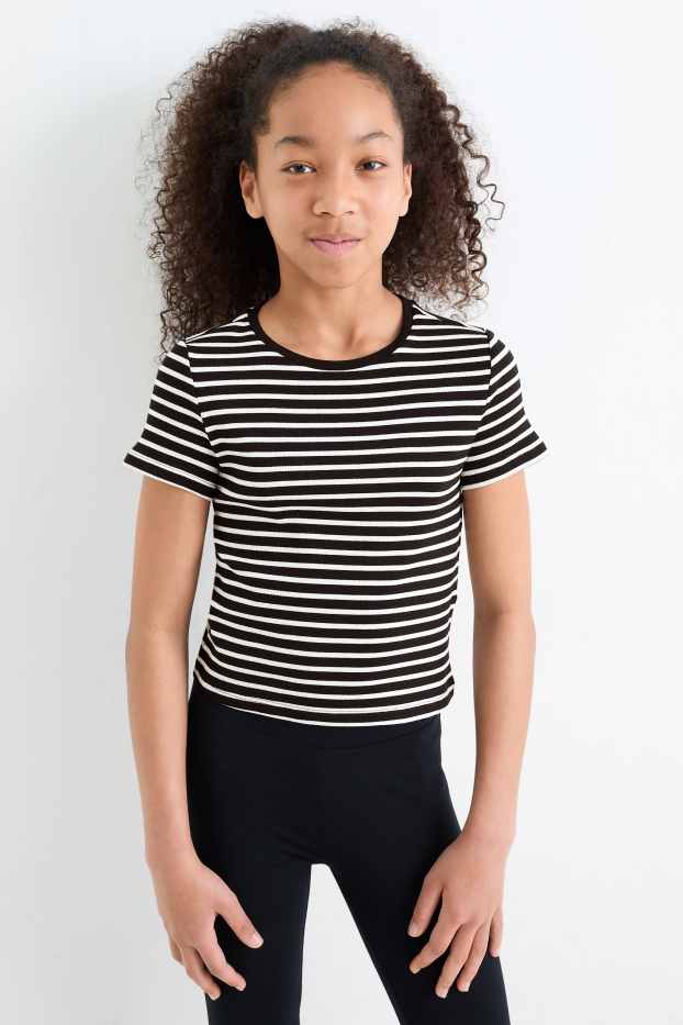 Enfants filles - Lot de 5 - T-shirts - côtelés - blanc / noir