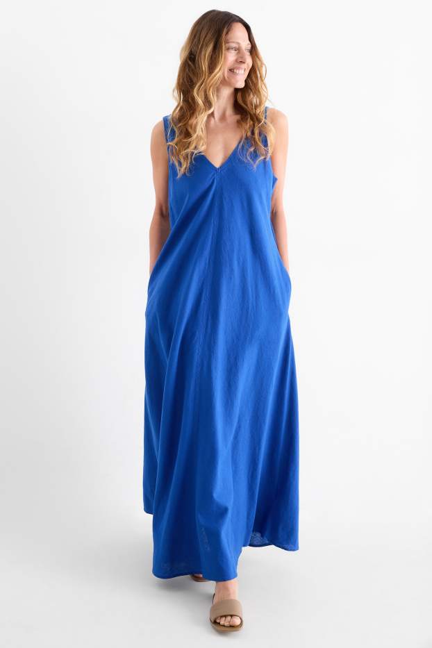 Donna - Vestito con scollo a V - misto lino - blu