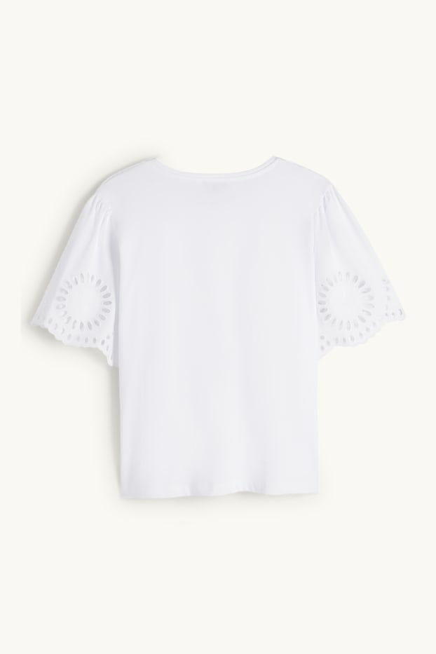 Women - T-shirt - regular fit - broderie anglaise - white