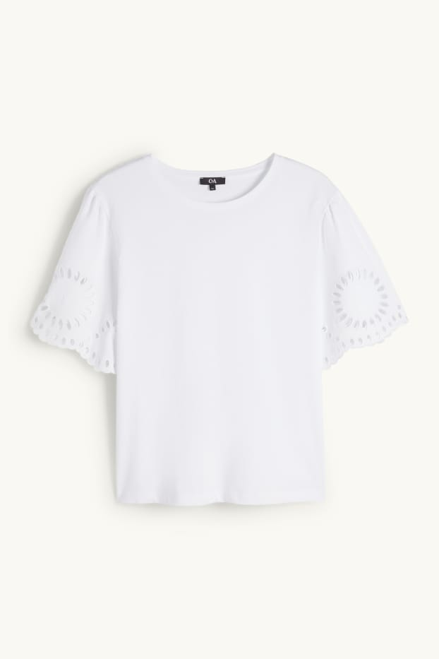 Women - T-shirt - regular fit - broderie anglaise - white