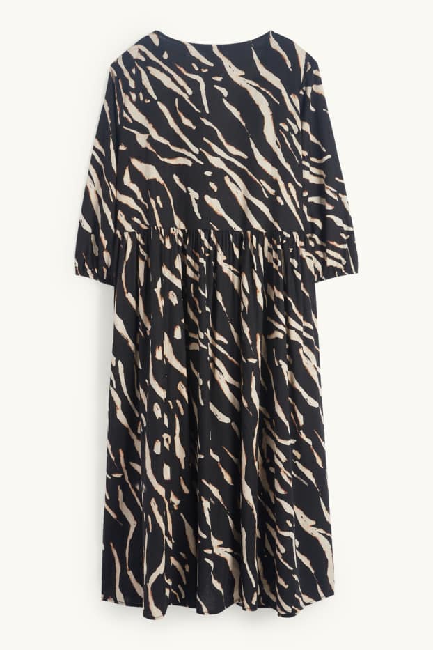 Women - V-neck dress - linen blend - patterned - black / beige