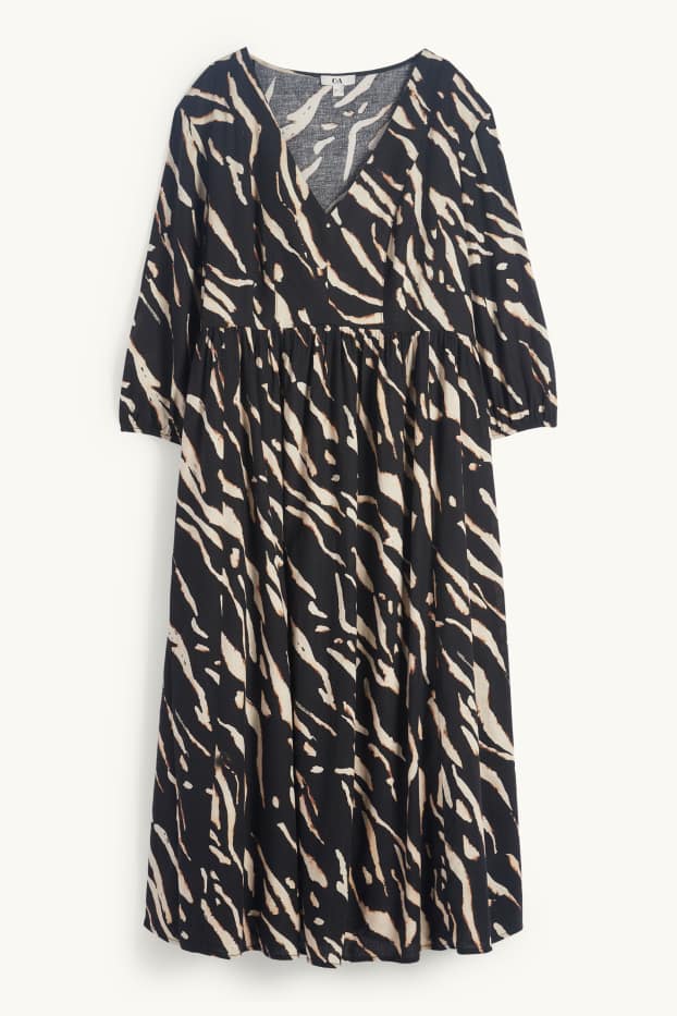 Women - V-neck dress - linen blend - patterned - black / beige