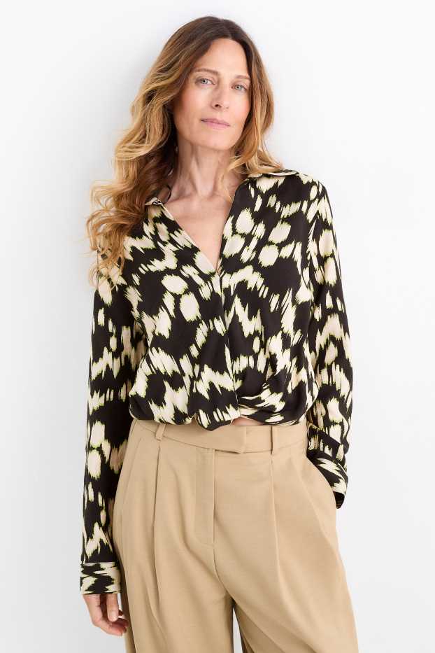 Damen - Bluse mit V-Ausschnitt - gemustert - schwarz / beige