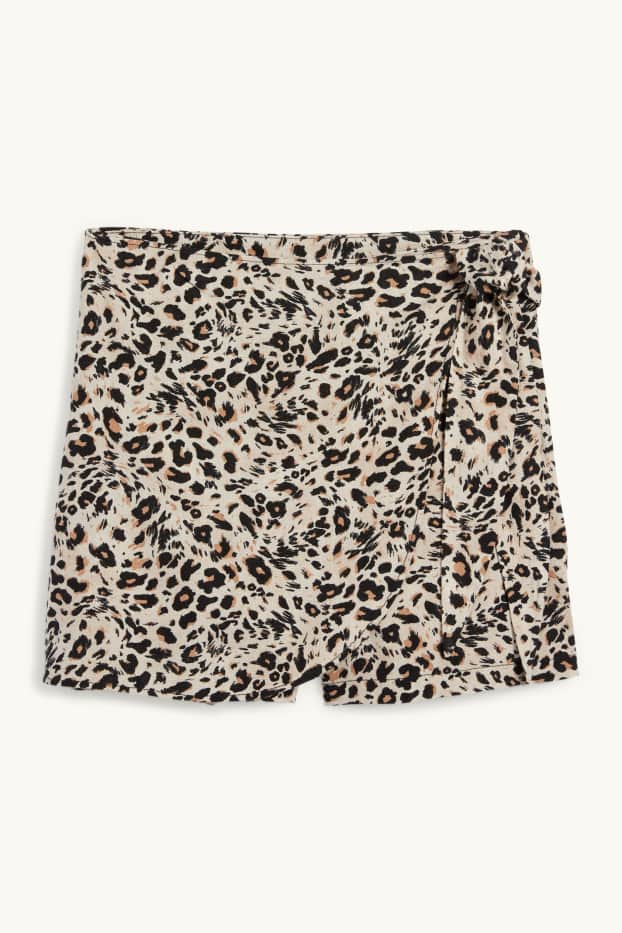 Damen - Skort mit Leinen-Anteil - Leo-Print - schwarz / beige