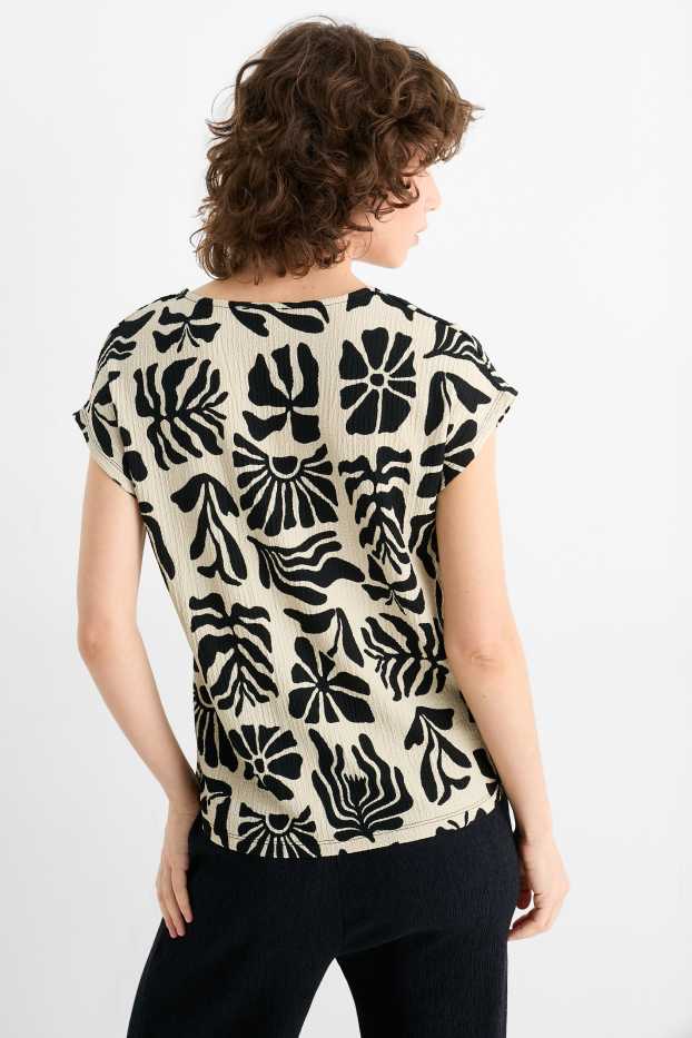 Mujer - Camiseta con escote en pico - regular fit - de flores - negro / beis