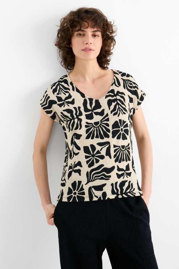 Mujer - Camiseta con escote en pico - regular fit - de flores - negro / beis