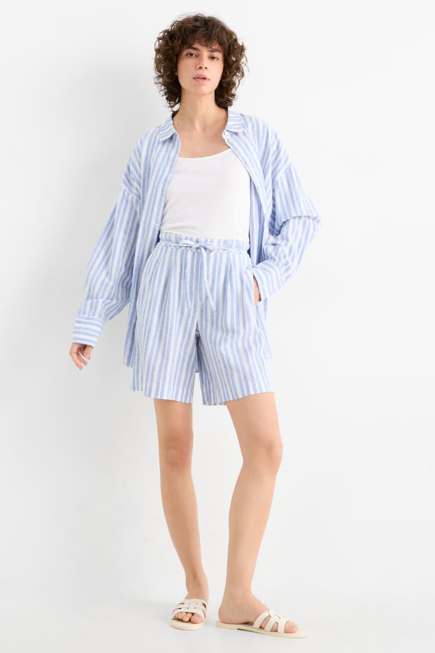 Damen - Shorts - High Waist - Leinen-Mix - gestreift - weiß / hellblau