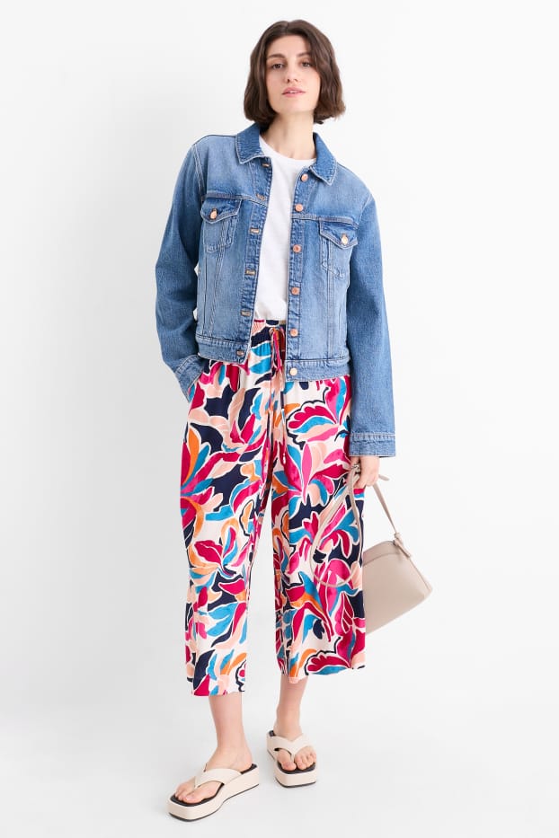 Femmes - Pantalon en toile - high waist - wide leg - à fleurs - rose foncé