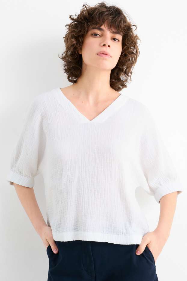 Donna - Blusa di mussola con scollo a V - bianco