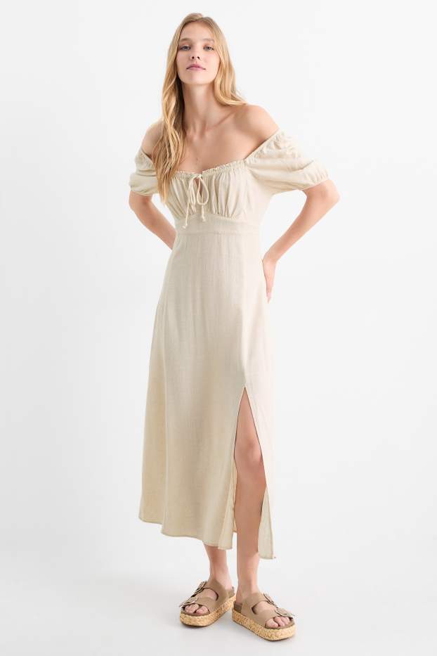 Femei - Rochie tip Empire cu conținut de in - bej deschis