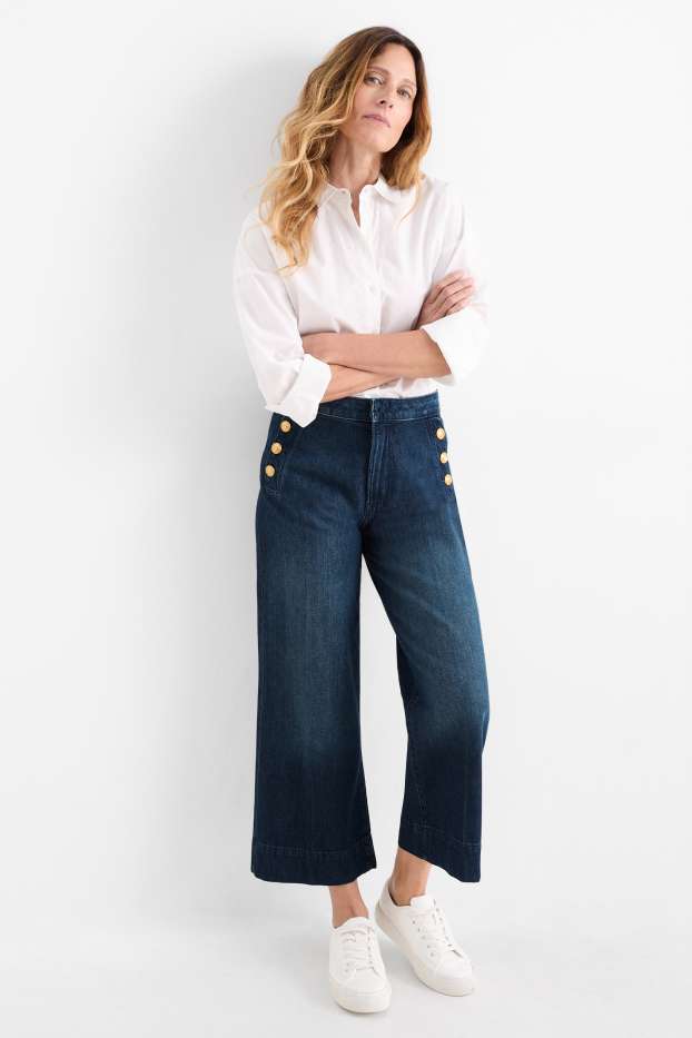 Damen - Crop Wide Leg Jeans - Mid Waist - dunkeljeansblau