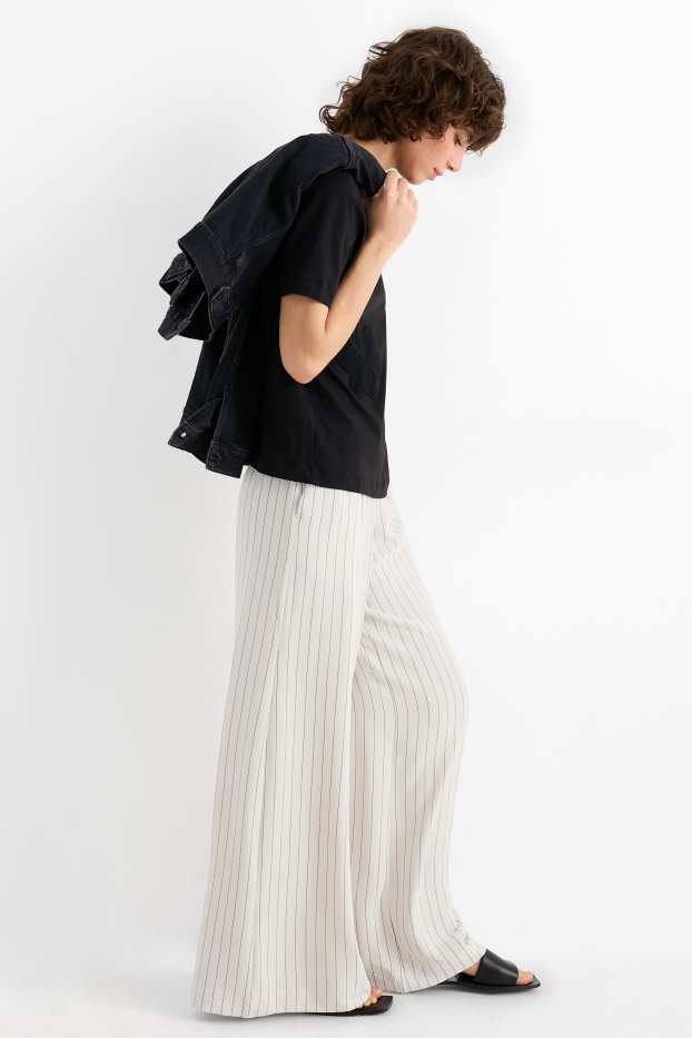 Women - Cloth trousers - mid-rise waist - wide leg - pinstripes - cremewhite