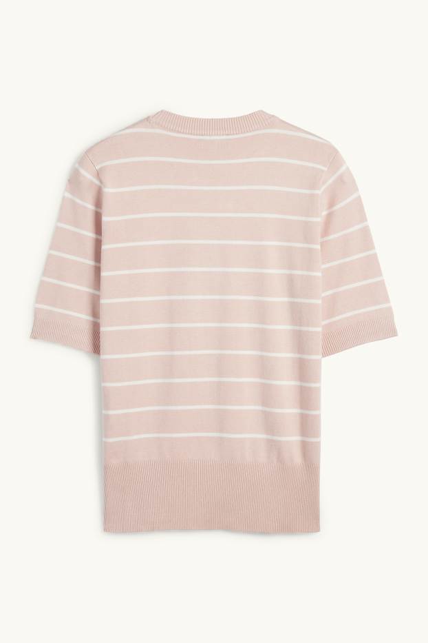 Dames - Gebreide trui - korte mouwen - gestreept - roze