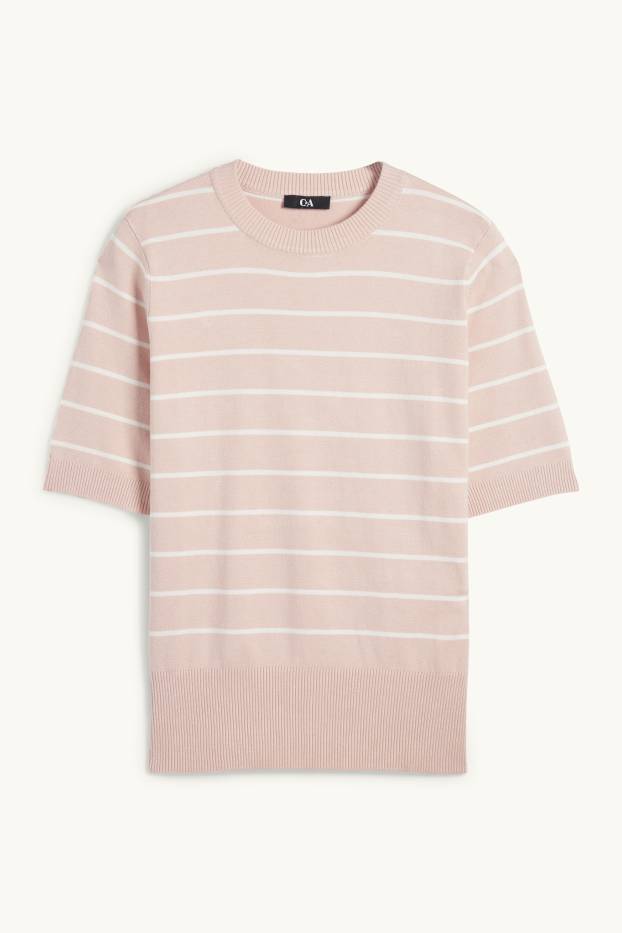 Dames - Gebreide trui - korte mouwen - gestreept - roze