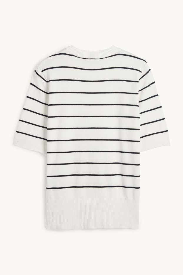 Women - Knitted jumper - short sleeve - striped - white