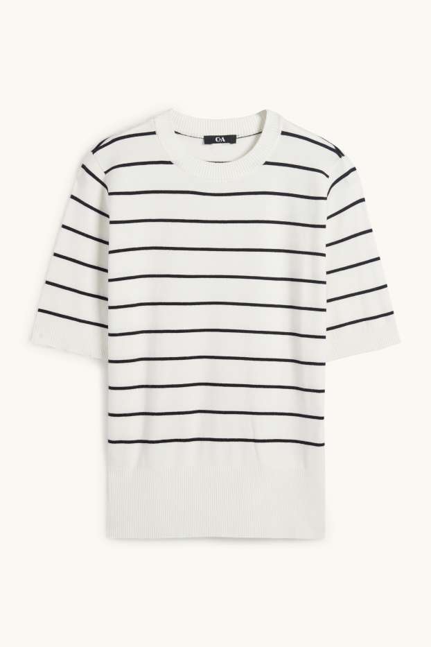 Women - Knitted jumper - short sleeve - striped - white