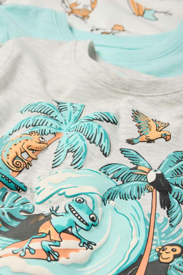 Kinderen: jongens - Set van 3 - surfende dieren - T-shirt - grijs / turquoise