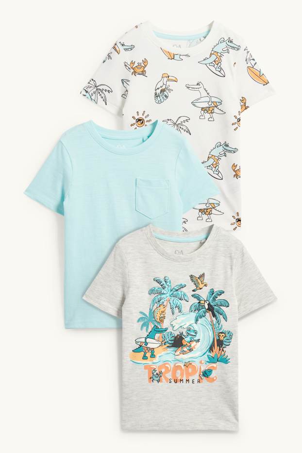 Kinderen: jongens - Set van 3 - surfende dieren - T-shirt - grijs / turquoise